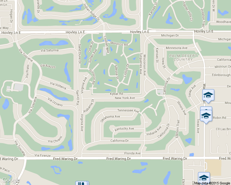 map of restaurants, bars, coffee shops, grocery stores, and more near 76812 Kybar Road in Palm Desert