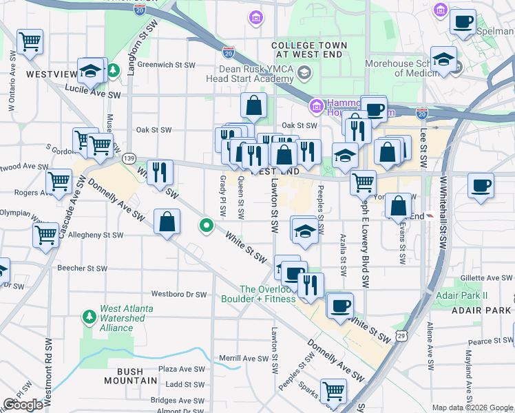 map of restaurants, bars, coffee shops, grocery stores, and more near 1118 Lawton Place Southwest in Atlanta