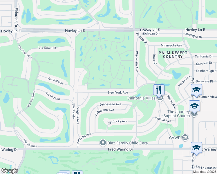 map of restaurants, bars, coffee shops, grocery stores, and more near 76804 Kybar Road in Palm Desert