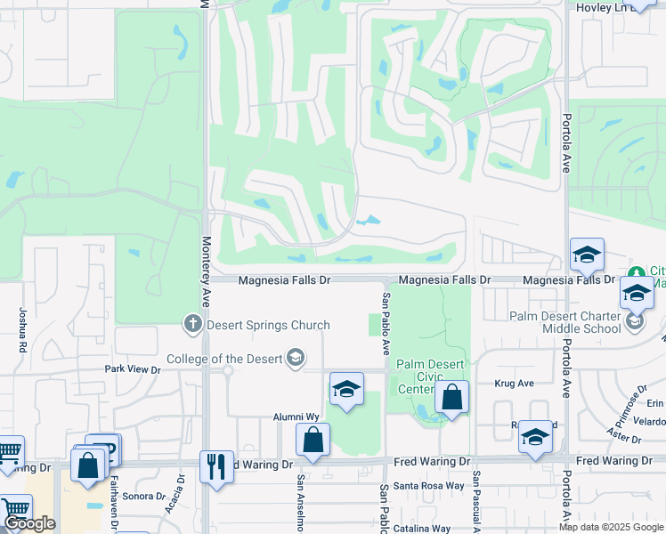map of restaurants, bars, coffee shops, grocery stores, and more near 222 Castellana South in Palm Desert