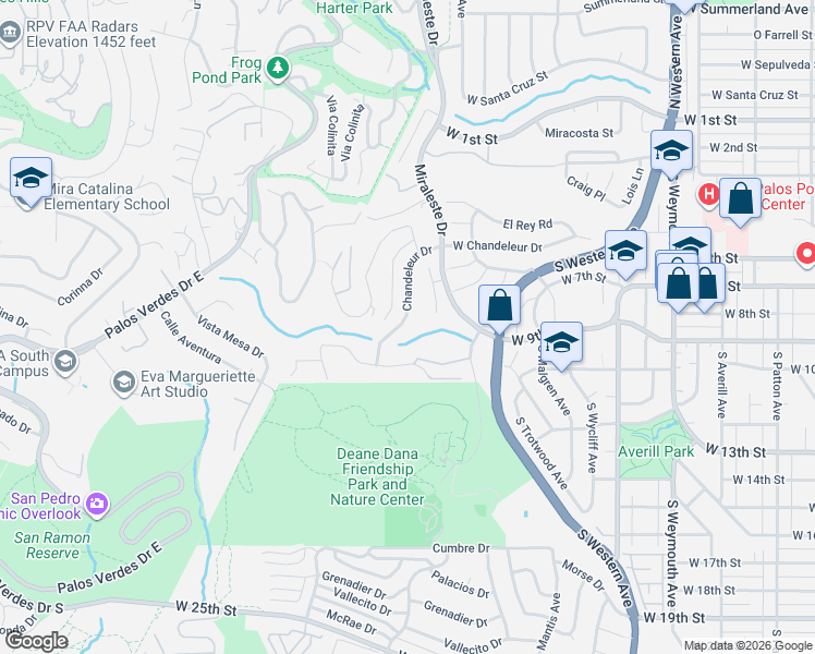map of restaurants, bars, coffee shops, grocery stores, and more near 2132 Chandeleur Drive in Rancho Palos Verdes