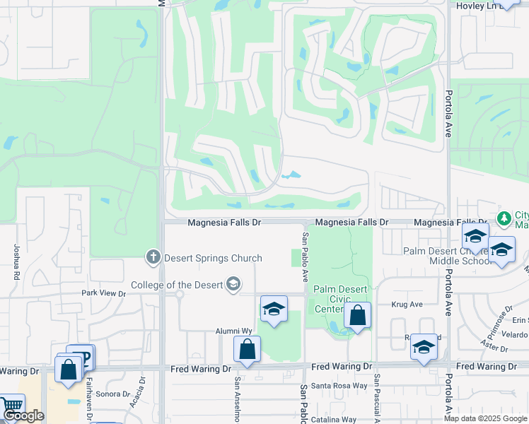 map of restaurants, bars, coffee shops, grocery stores, and more near 224 Castellana South in Palm Desert