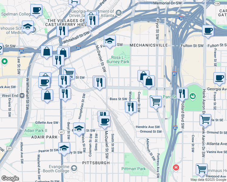 map of restaurants, bars, coffee shops, grocery stores, and more near 672 Smith Street Southwest in Atlanta