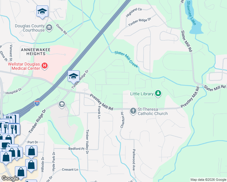 map of restaurants, bars, coffee shops, grocery stores, and more near 5662 Tuxedo Drive in Douglasville