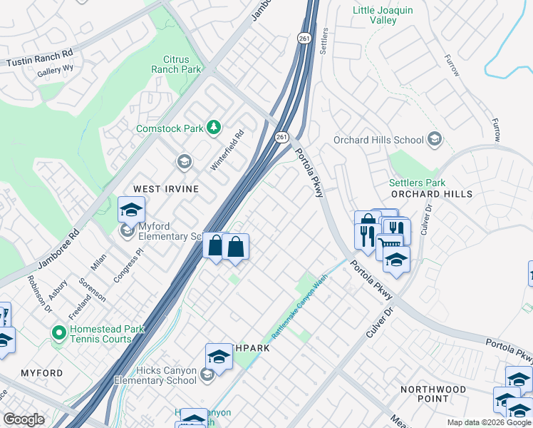 map of restaurants, bars, coffee shops, grocery stores, and more near 61 Olivehurst in Irvine