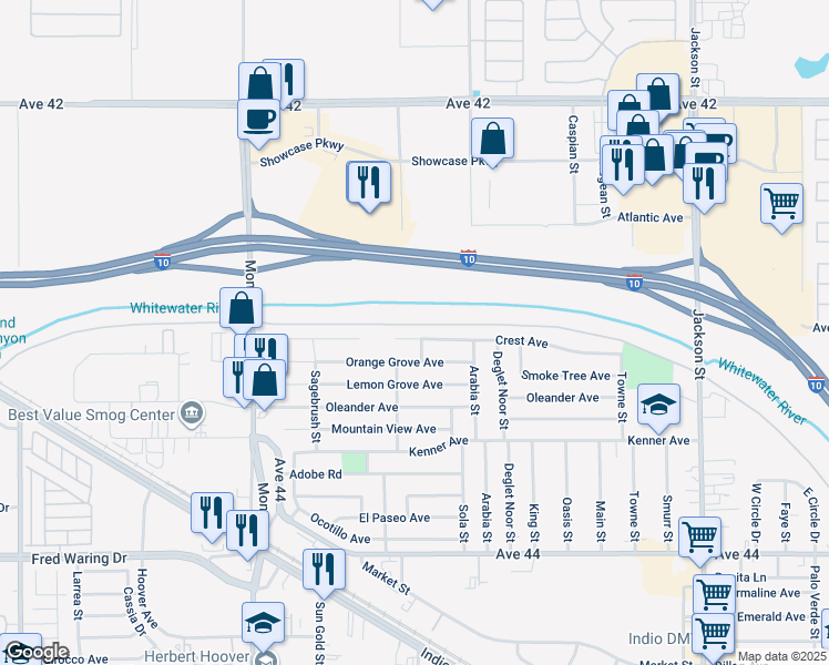 map of restaurants, bars, coffee shops, grocery stores, and more near 82378 Crest Avenue in Indio