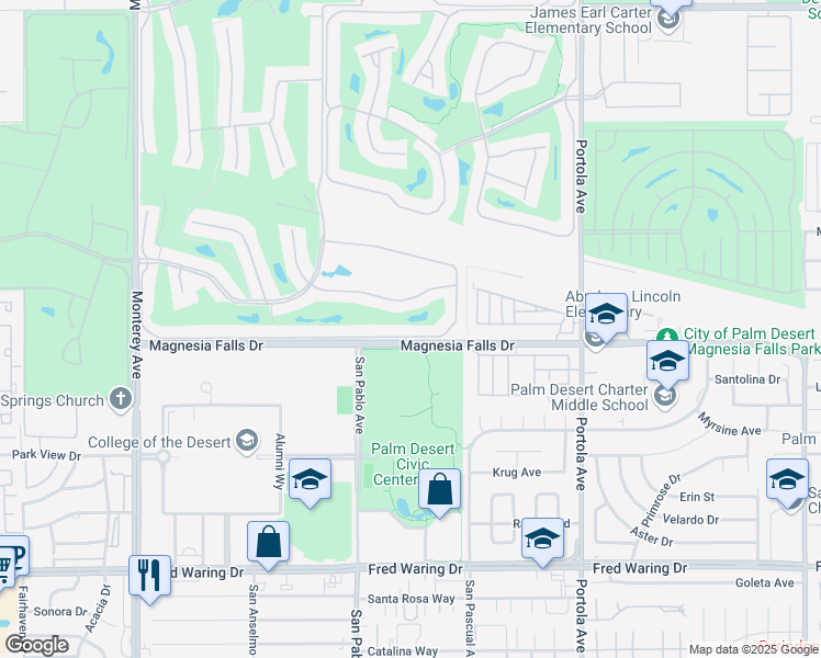 map of restaurants, bars, coffee shops, grocery stores, and more near 302 Castellana South in Palm Desert