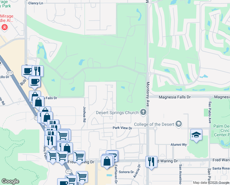 map of restaurants, bars, coffee shops, grocery stores, and more near 40 Vistara Drive in Rancho Mirage