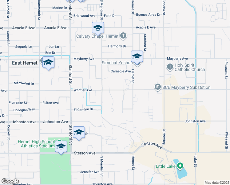 map of restaurants, bars, coffee shops, grocery stores, and more near 42111 East Whittier Avenue in Hemet