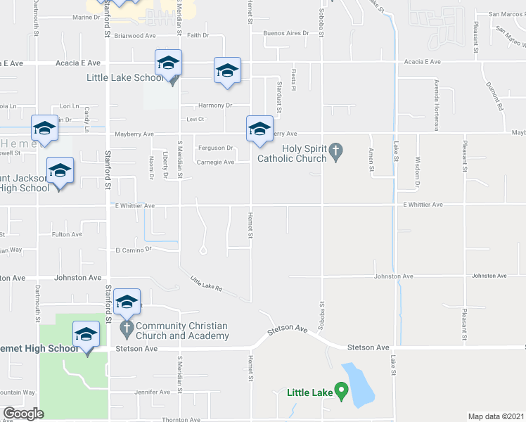 map of restaurants, bars, coffee shops, grocery stores, and more near 42325 East Whittier Avenue in Hemet