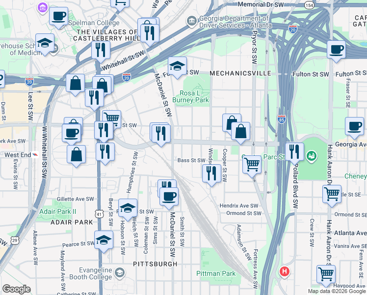 map of restaurants, bars, coffee shops, grocery stores, and more near 672 Smith Street Southwest in Atlanta