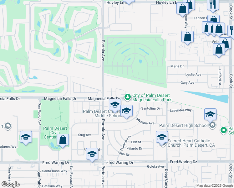 map of restaurants, bars, coffee shops, grocery stores, and more near 270 Vía Rengo in Palm Desert