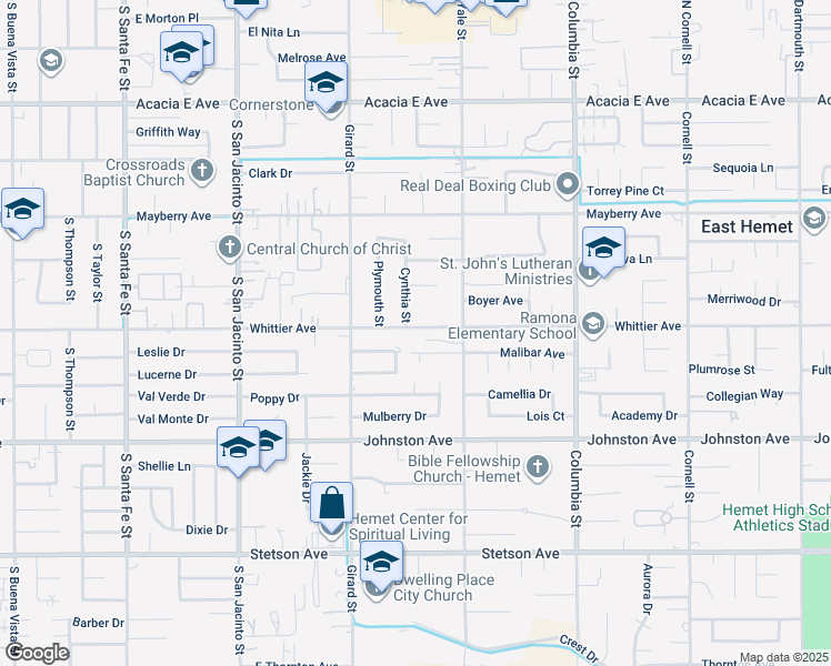 map of restaurants, bars, coffee shops, grocery stores, and more near 40645 East Whittier Avenue in Hemet