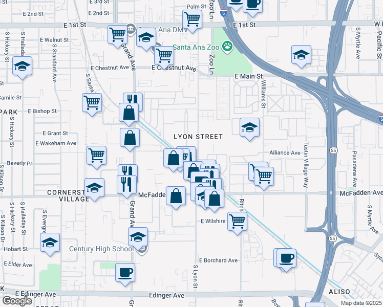 map of restaurants, bars, coffee shops, grocery stores, and more near 922 S Lyon St in Santa Ana