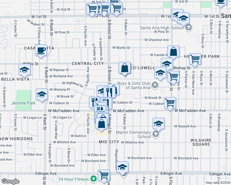 map of restaurants, bars, coffee shops, grocery stores, and more near 1227 West Brook Street in Santa Ana
