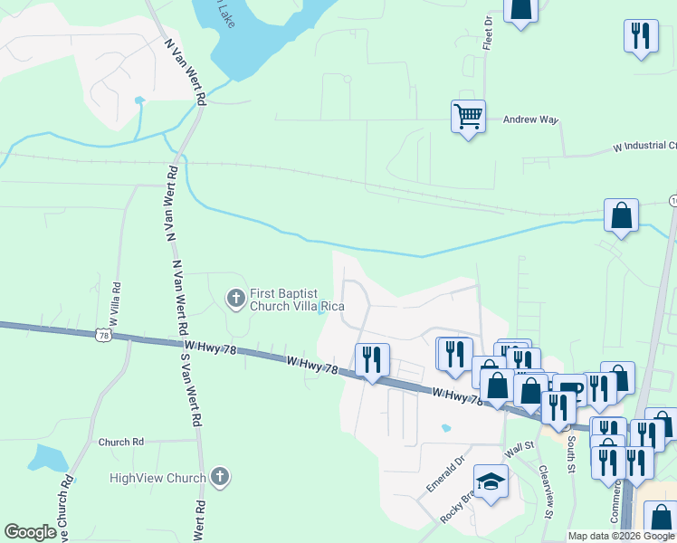 map of restaurants, bars, coffee shops, grocery stores, and more near 158 Melleray Court in Villa Rica