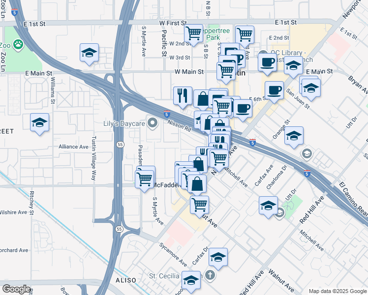 map of restaurants, bars, coffee shops, grocery stores, and more near 15 Via Del Sud in Tustin