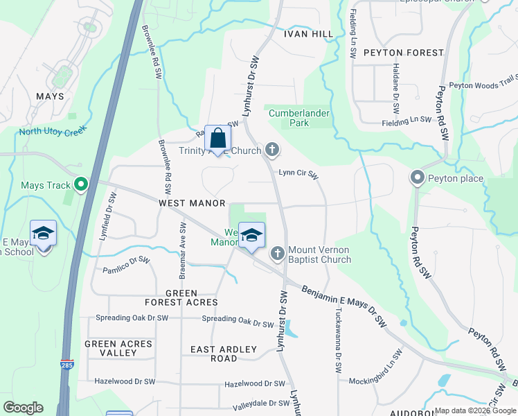 map of restaurants, bars, coffee shops, grocery stores, and more near 3156 West Manor Circle Southwest in Atlanta