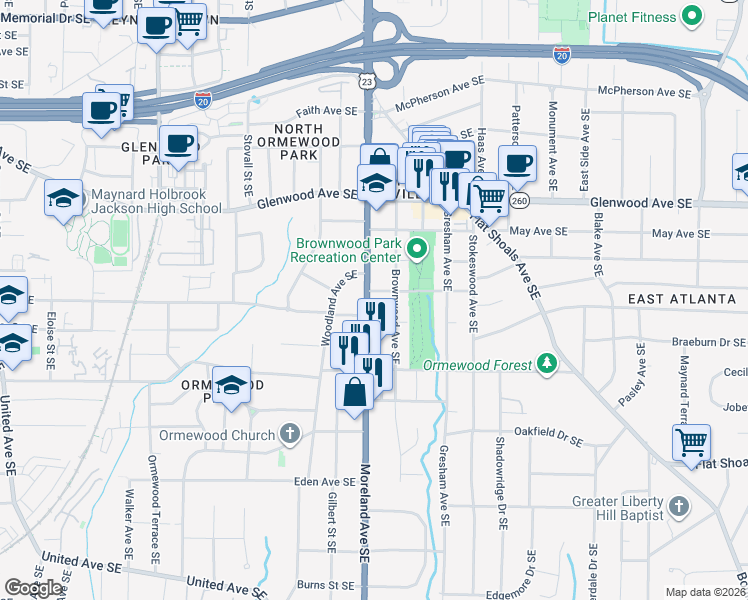 map of restaurants, bars, coffee shops, grocery stores, and more near 651 Moreland Avenue Southeast in Atlanta