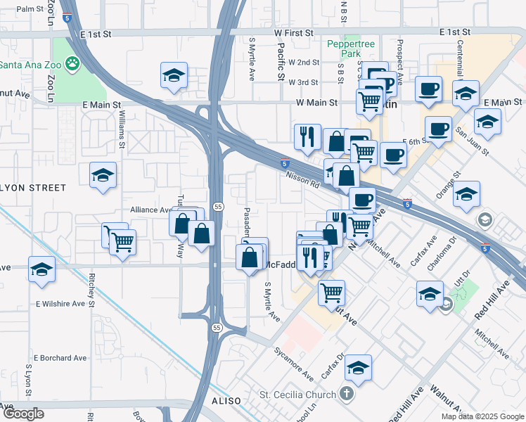 map of restaurants, bars, coffee shops, grocery stores, and more near 15611 South Myrtle Avenue in Tustin