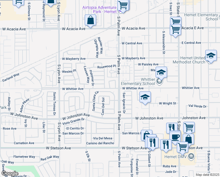 map of restaurants, bars, coffee shops, grocery stores, and more near West Whittier Avenue & Holly Drive in Hemet