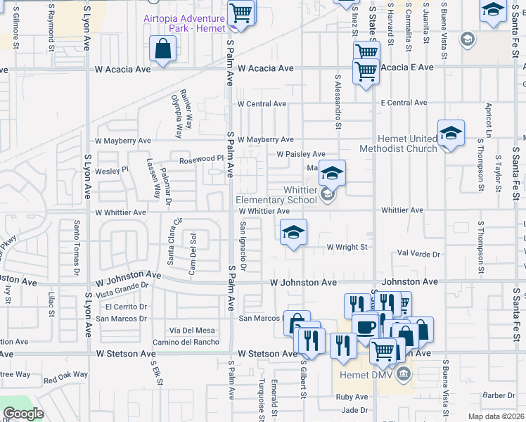 map of restaurants, bars, coffee shops, grocery stores, and more near 820 San Luis Drive in Hemet
