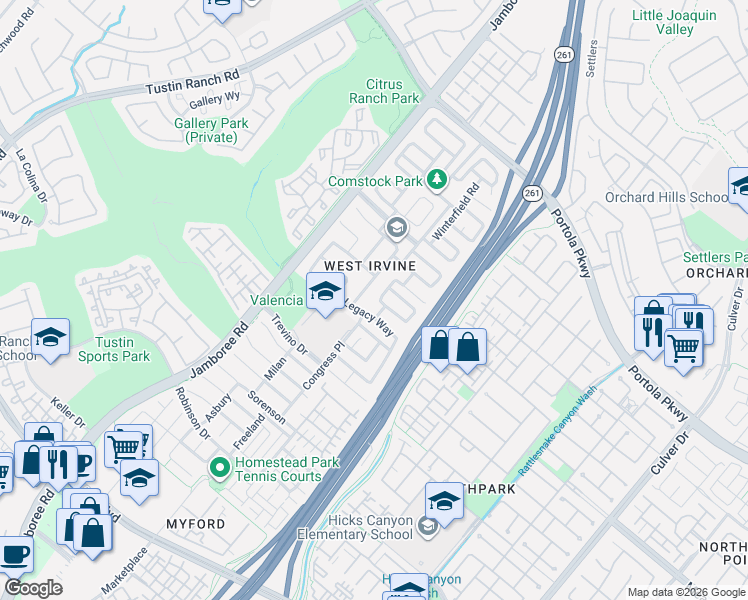 map of restaurants, bars, coffee shops, grocery stores, and more near 86 Legacy Way in Irvine