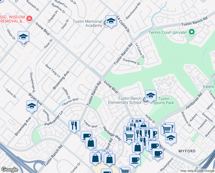 map of restaurants, bars, coffee shops, grocery stores, and more near 13044 Arborwalk Lane in Tustin