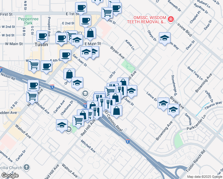 map of restaurants, bars, coffee shops, grocery stores, and more near in Tustin
