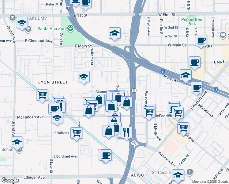 map of restaurants, bars, coffee shops, grocery stores, and more near 16642 Alliance Avenue in Tustin