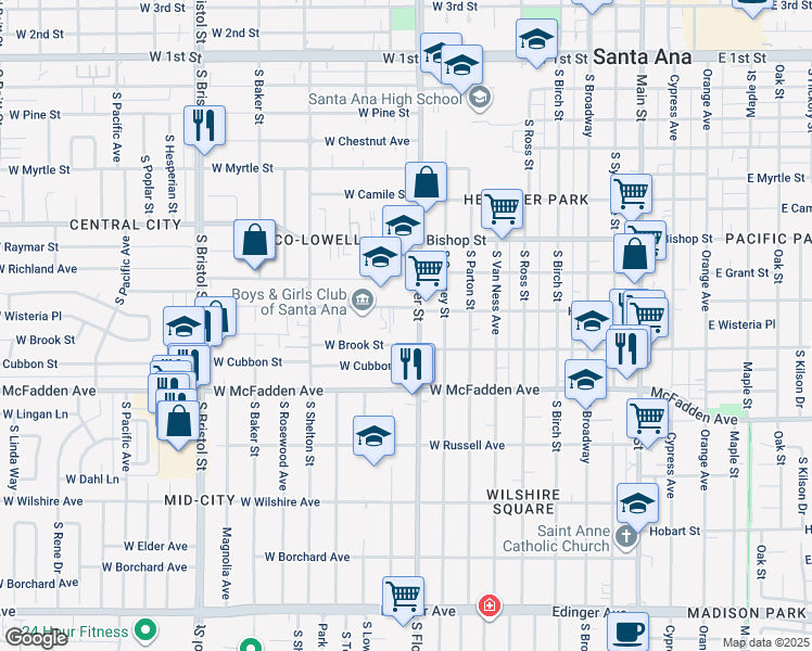 map of restaurants, bars, coffee shops, grocery stores, and more near 926 Highland Street in Santa Ana