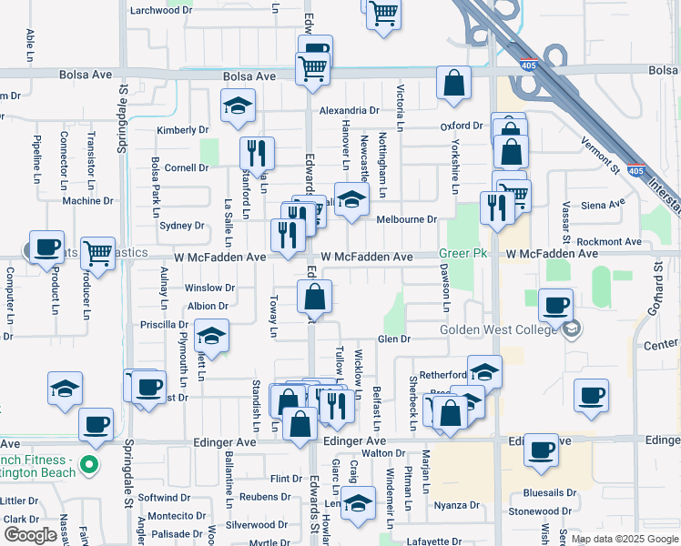 map of restaurants, bars, coffee shops, grocery stores, and more near 15551 Wild Cherry Circle in Huntington Beach
