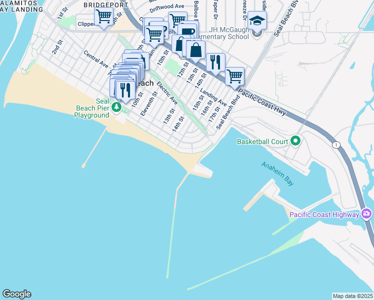 map of restaurants, bars, coffee shops, grocery stores, and more near 1603 East Seal Way in Seal Beach