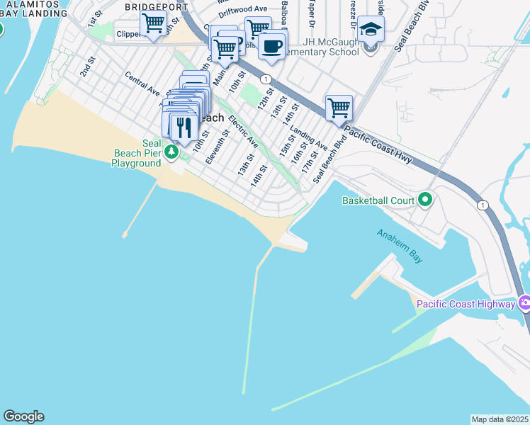 map of restaurants, bars, coffee shops, grocery stores, and more near 1513 East Seal Way in Seal Beach