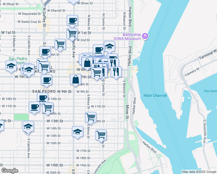 map of restaurants, bars, coffee shops, grocery stores, and more near 247 West 8th Street in Los Angeles