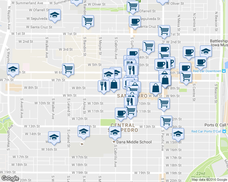 map of restaurants, bars, coffee shops, grocery stores, and more near 808 South Cabrillo Avenue in Los Angeles