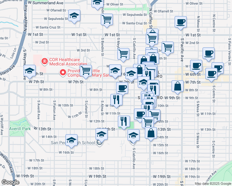 map of restaurants, bars, coffee shops, grocery stores, and more near 927 West 8th Street in Los Angeles