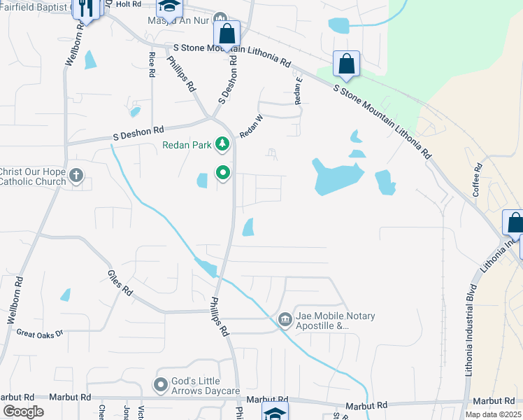 map of restaurants, bars, coffee shops, grocery stores, and more near 1850 Phillips Road in Lithonia