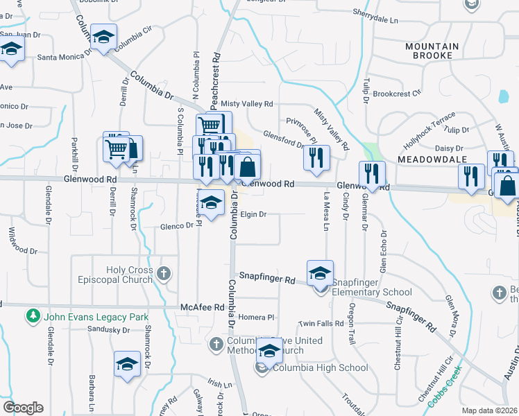 map of restaurants, bars, coffee shops, grocery stores, and more near 3406 Elgin Drive in Decatur