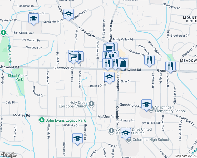 map of restaurants, bars, coffee shops, grocery stores, and more near 1860 South Columbia Place in Decatur