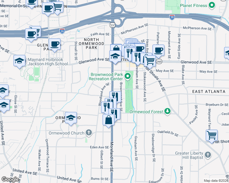 map of restaurants, bars, coffee shops, grocery stores, and more near 651 Moreland Avenue Southeast in Atlanta