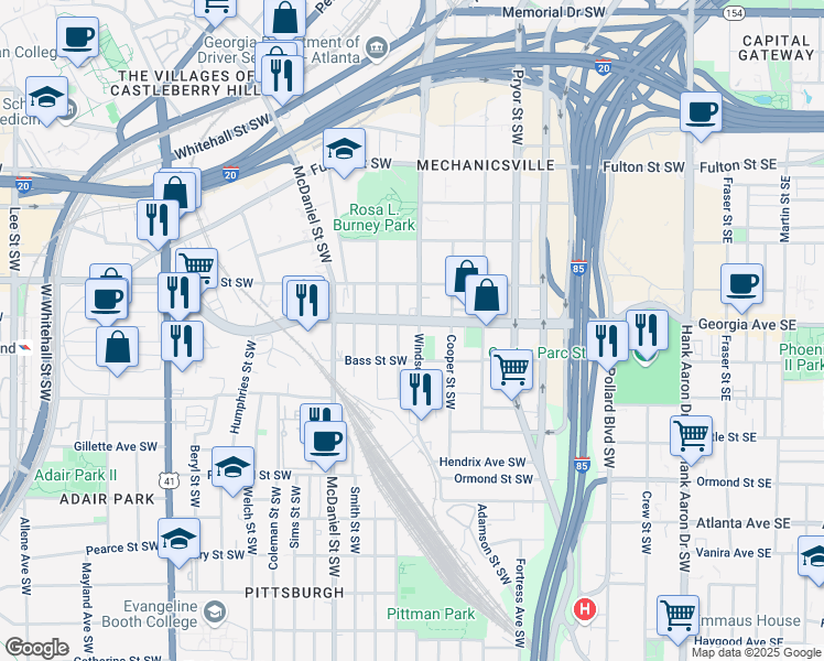map of restaurants, bars, coffee shops, grocery stores, and more near 665 Windsor Street Southwest in Atlanta
