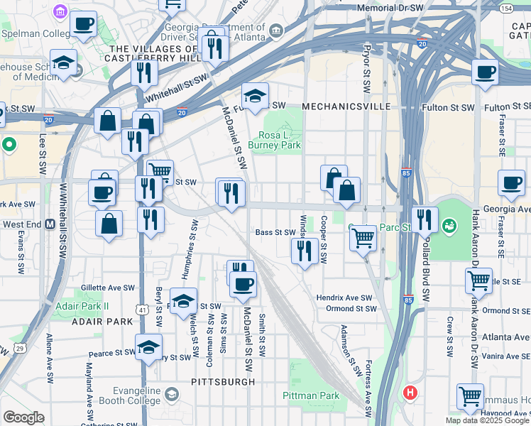 map of restaurants, bars, coffee shops, grocery stores, and more near 676 Smith Street Southwest in Atlanta