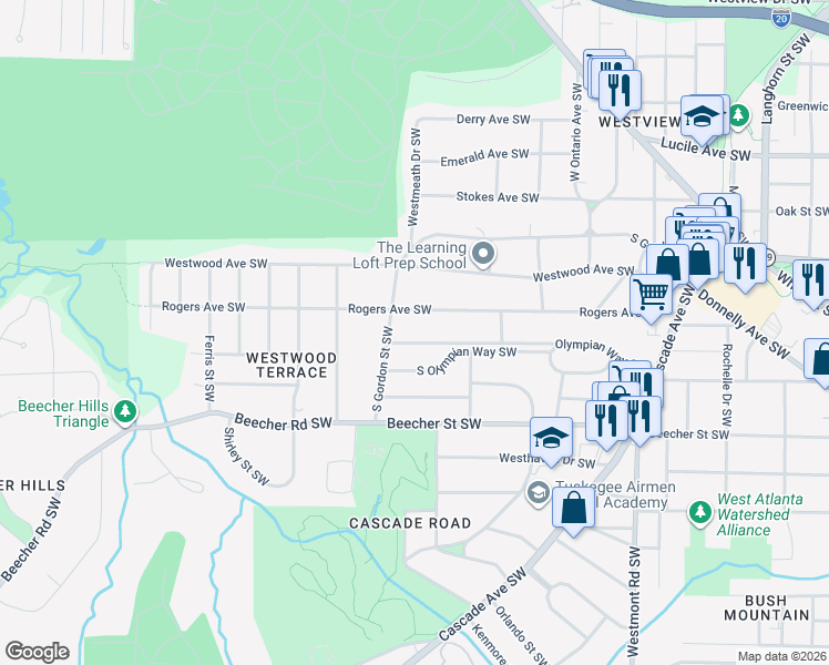 map of restaurants, bars, coffee shops, grocery stores, and more near 1765 North Olympian Way Southwest in Atlanta