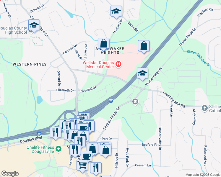 map of restaurants, bars, coffee shops, grocery stores, and more near 6104 Cobblestone Court in Douglasville