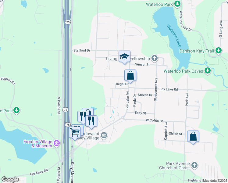 map of restaurants, bars, coffee shops, grocery stores, and more near 2008 Jerry Street in Denison