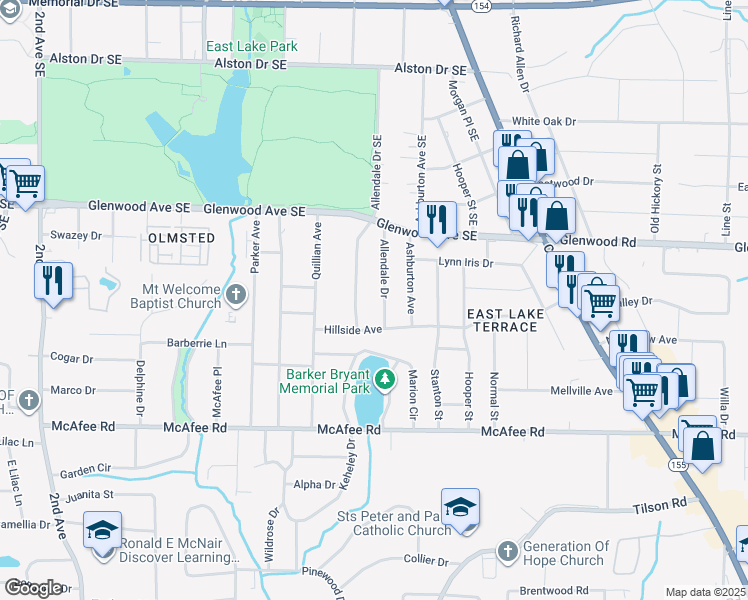map of restaurants, bars, coffee shops, grocery stores, and more near 535 Allendale Drive in Decatur