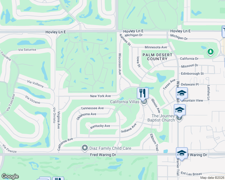 map of restaurants, bars, coffee shops, grocery stores, and more near 76988 Kybar Road in Palm Desert