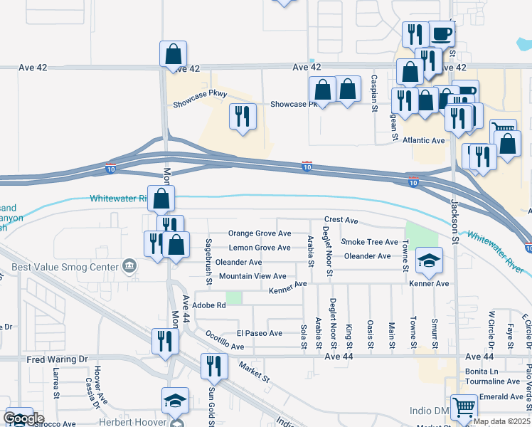 map of restaurants, bars, coffee shops, grocery stores, and more near 82378 Crest Avenue in Indio