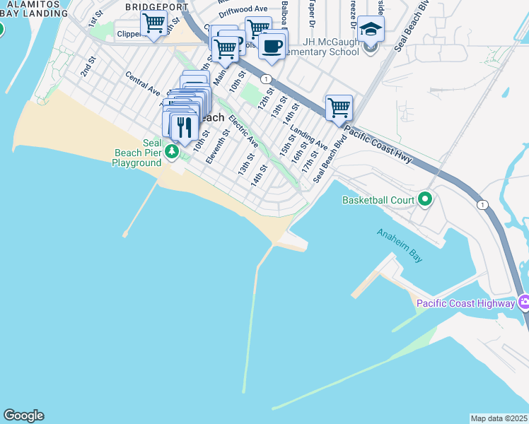 map of restaurants, bars, coffee shops, grocery stores, and more near 1513 East Seal Way in Seal Beach